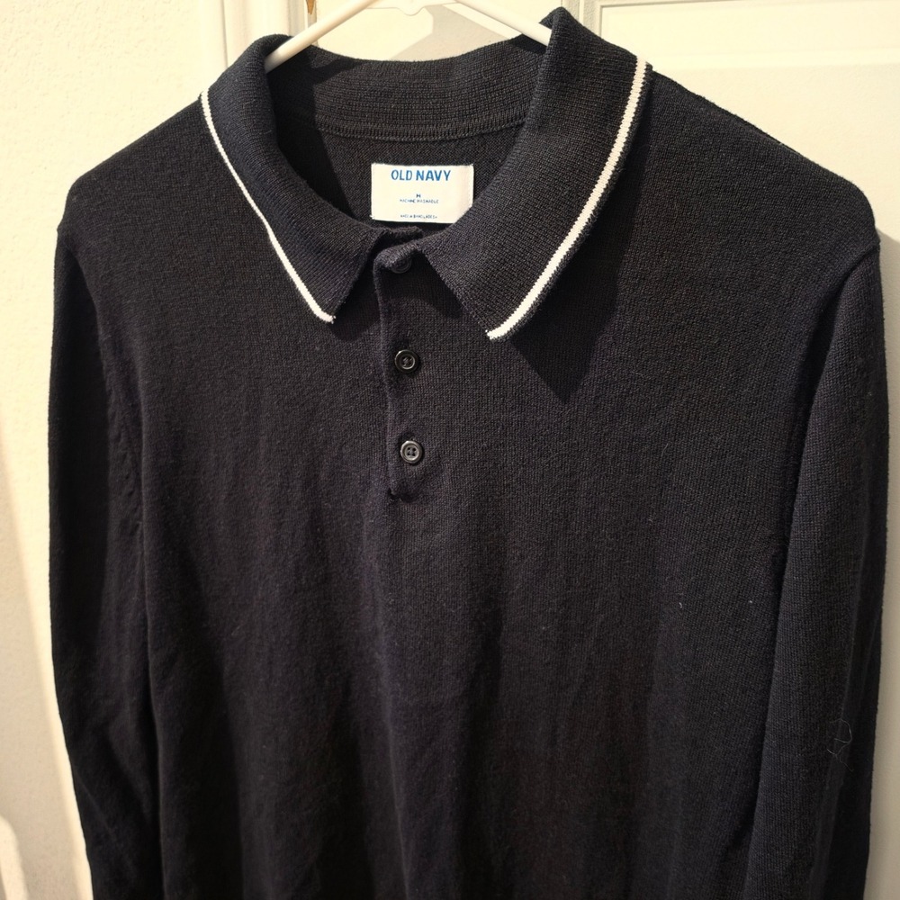 Old Navy Mens Black Knit Long Sleeve Polo Sweater White Tipped Collar Size M
